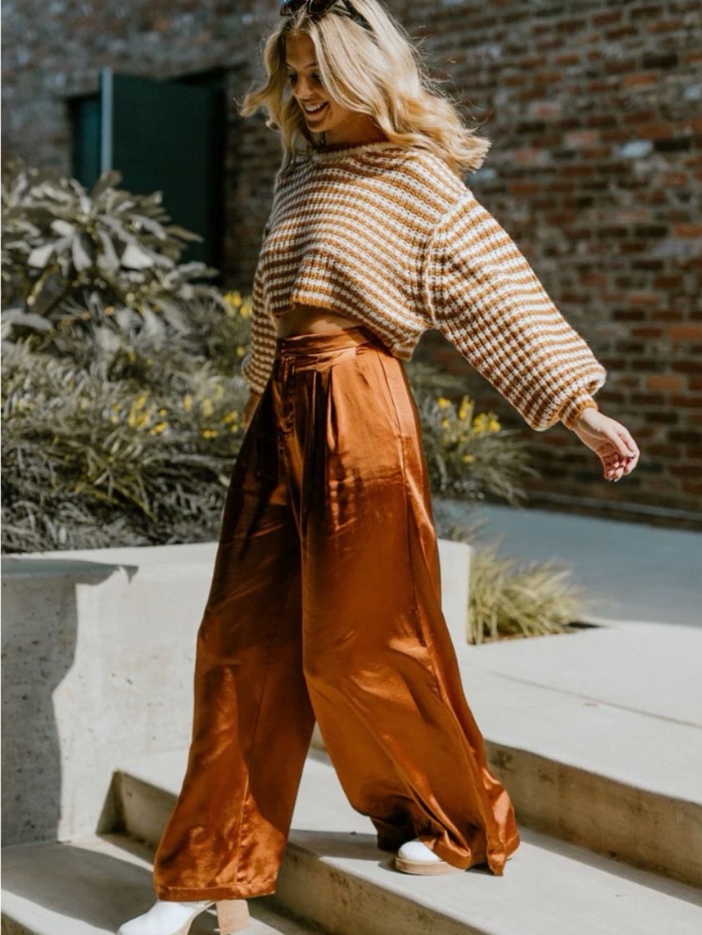 Drew Eva Wide Leg Satin Pants in Copper